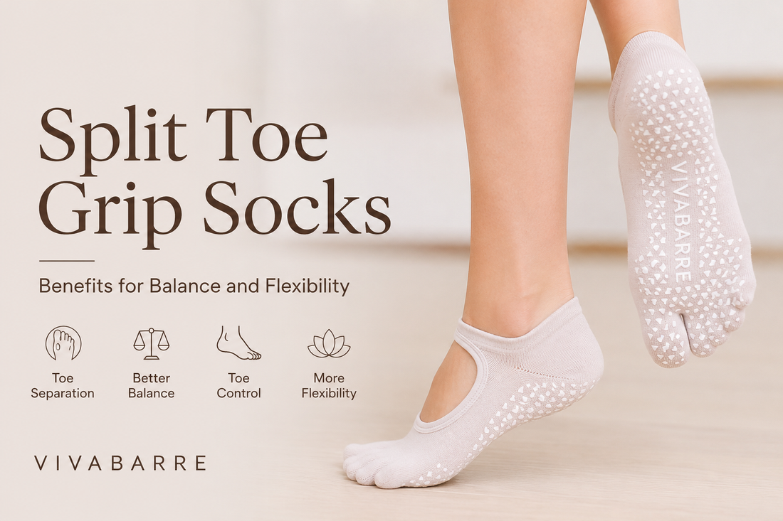 Viva Barre split toe grip socks showing toe separation and non slip sole for barre, Pilates and yoga.