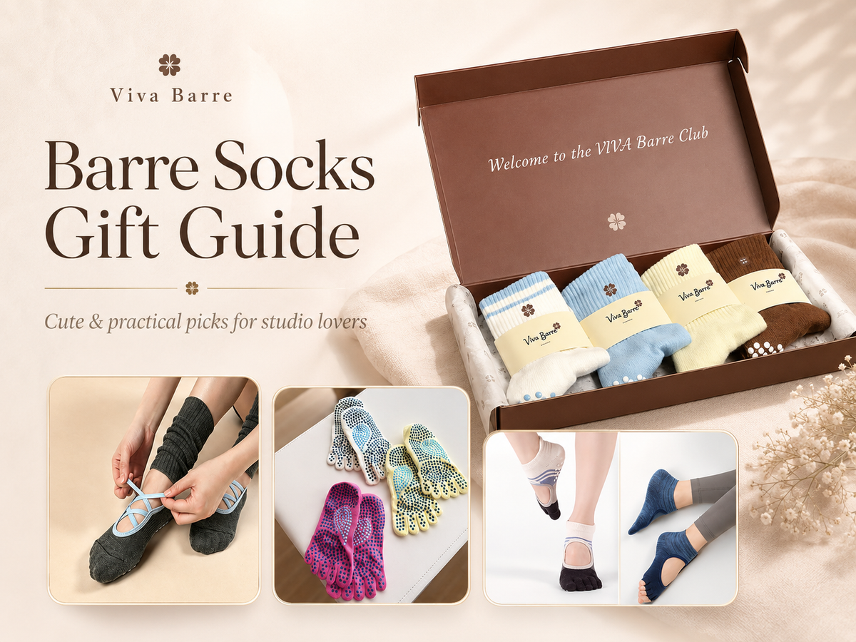 Barre socks gift guide cover featuring Viva Barre grip sock bundles and studio socks for Pilates, barre and yoga lovers