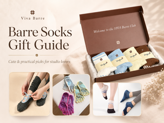 Barre socks gift guide cover featuring Viva Barre grip sock bundles and studio socks for Pilates, barre and yoga lovers