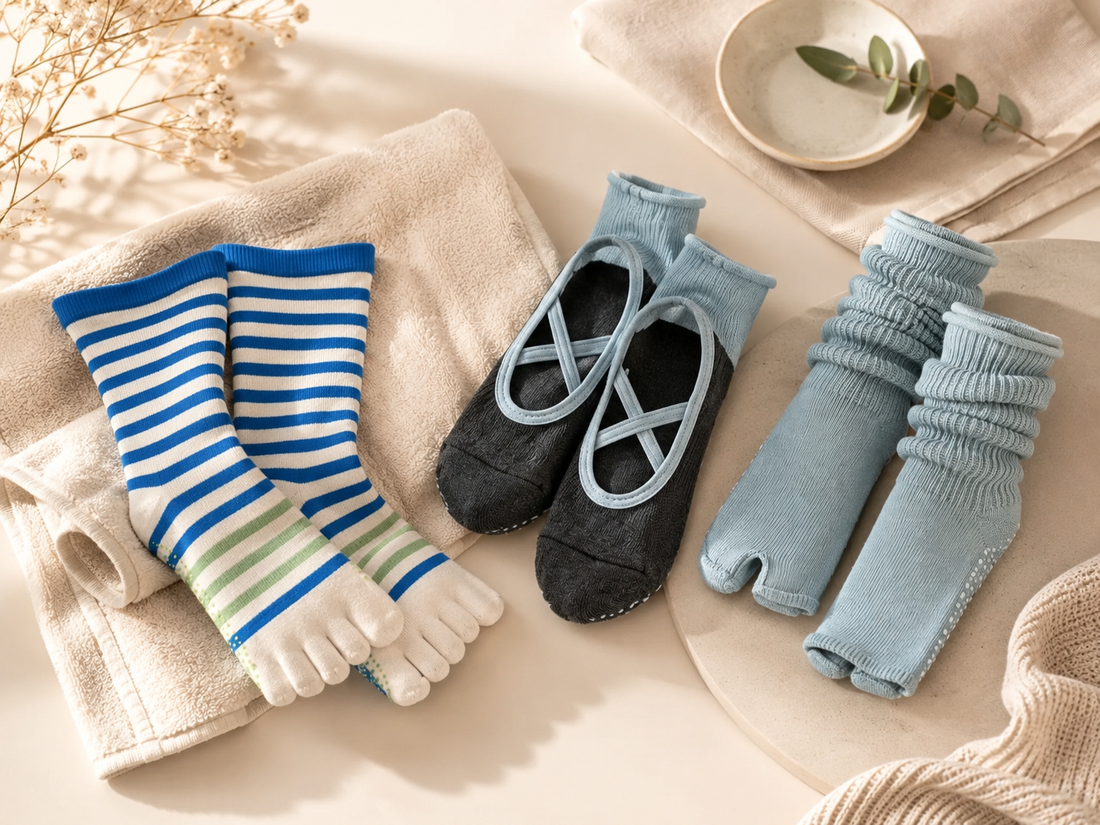 Viva Barre grip socks arranged on a soft neutral background for a sticky socks care guide