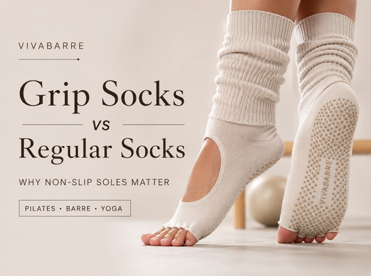 VivaBarre grip socks vs regular socks cover showing non-slip sole dots for Pilates, barre and yoga