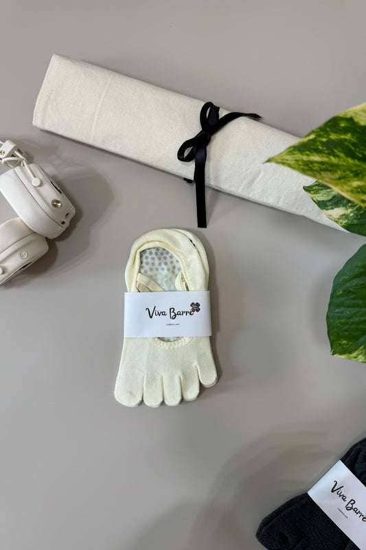 Viva Barre Double Cross-Strap Split-Toe Yoga Grip Socks - Off-White, One Size (US 6-11)