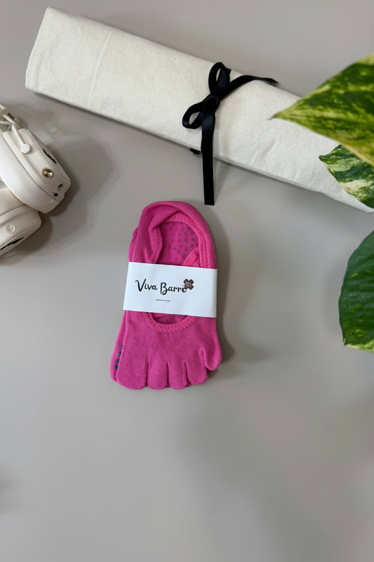 Viva Barre Double Cross-Strap Split-Toe Yoga Grip Socks - Barbie Pink, One Size (US 6-11)