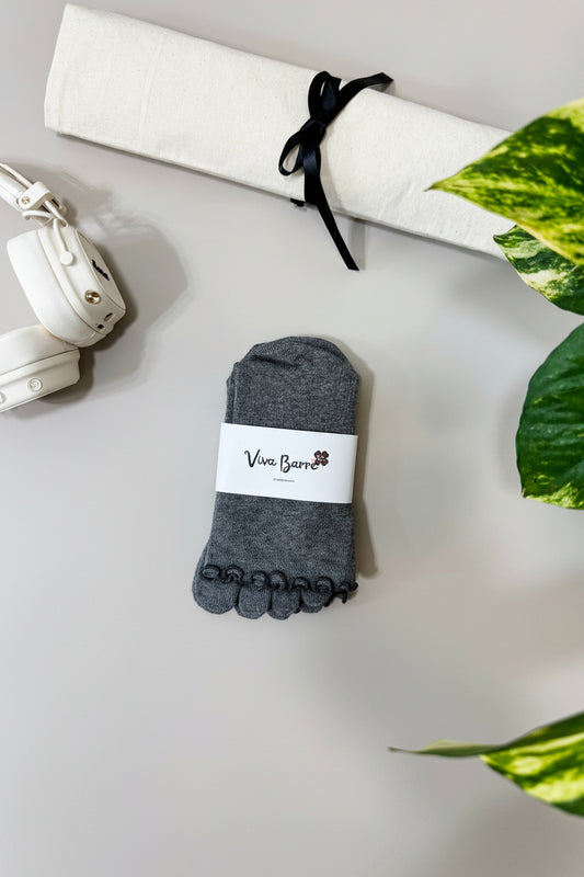 Viva Barre Lace Five-Toe Compression Yoga Grip Socks - Heather Gray, One Size (US 6-11)