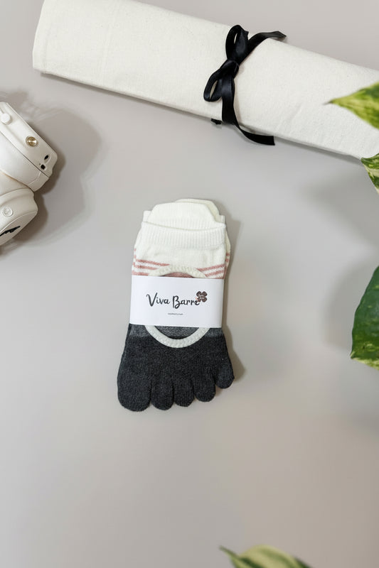 Viva Barre Contrast Open-Back Full-Toe Yoga Grip Socks - Gray & Pink, One Size (US 6-11)