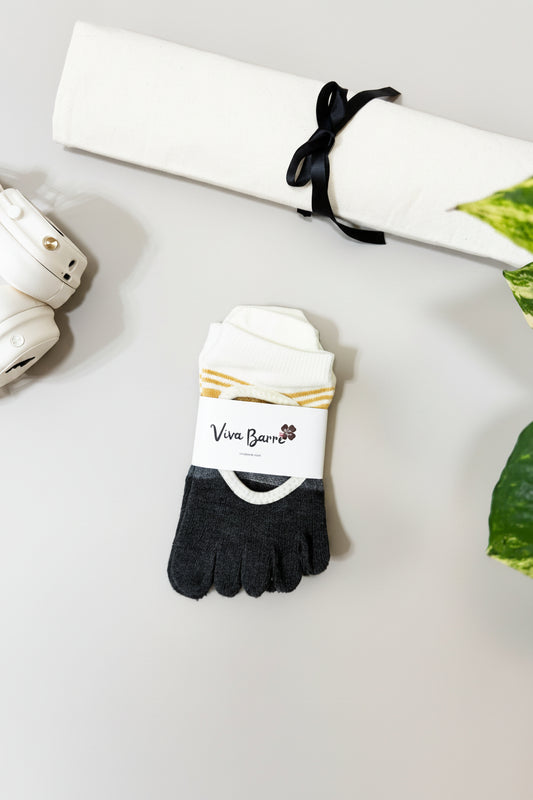 Viva Barre Contrast Open-Back Full-Toe Yoga Grip Socks - Gray & Yellow, One Size (US 6-11)