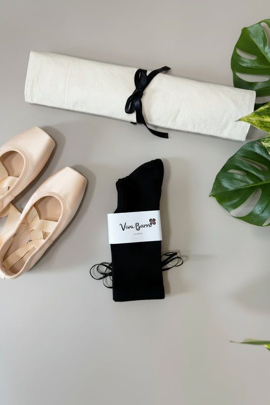 Viva Barre Open-Back Ribbon Crew Grip Socks - Black, One Size (US 6-11)