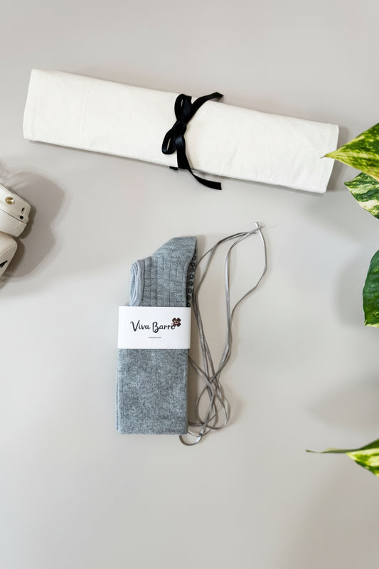 Viva Barre Open-Back Ribbon Crew Grip Socks - Heather Gray, One Size (US 6-11)