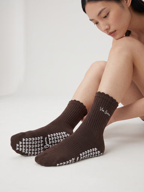 Chocolate Brown & White Pilates Grip Socks | VIVABARRE
