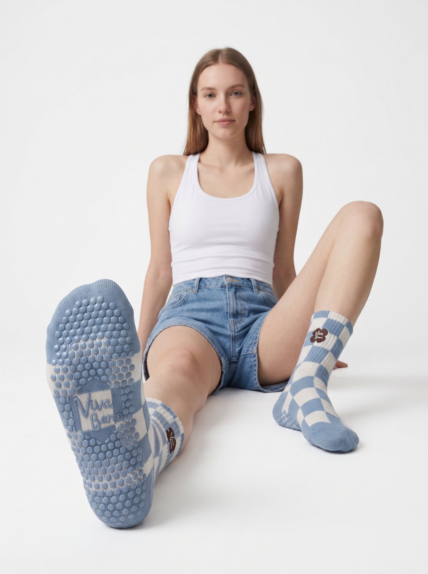 Cream & Blue Four-Leaf Clover Pilates Grip Socks | Viva Barre Original