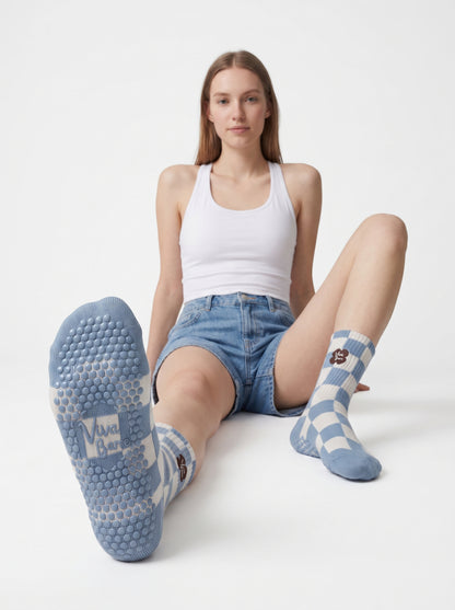 Cream & Blue Four-Leaf Clover Pilates Grip Socks | Viva Barre Original