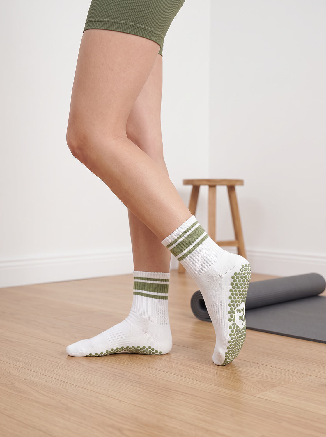 White & Green Stripe Pilates Grip Socks | VIVABARRE
