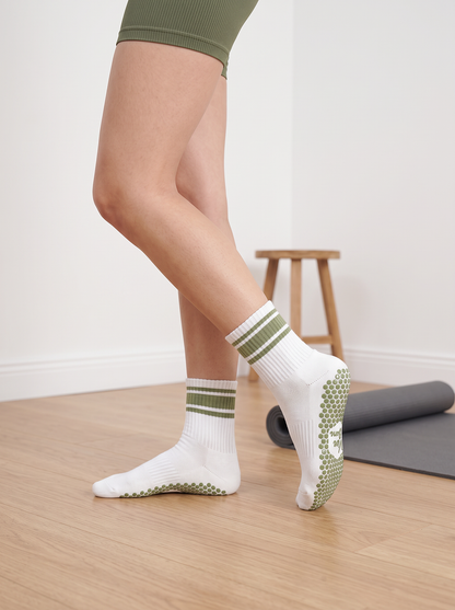 White & Green Stripe Pilates Grip Socks | VIVABARRE